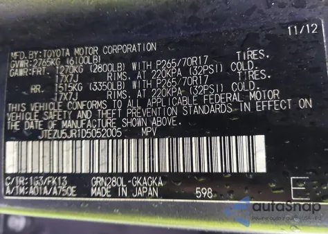 2013 Toyota 4Runner Sr5 z USA, uszkodzony, nr VIN JTEZU5JR1D5052005